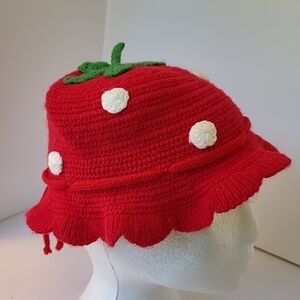Childs Red Strawberry Crocheted  Bucket Hat